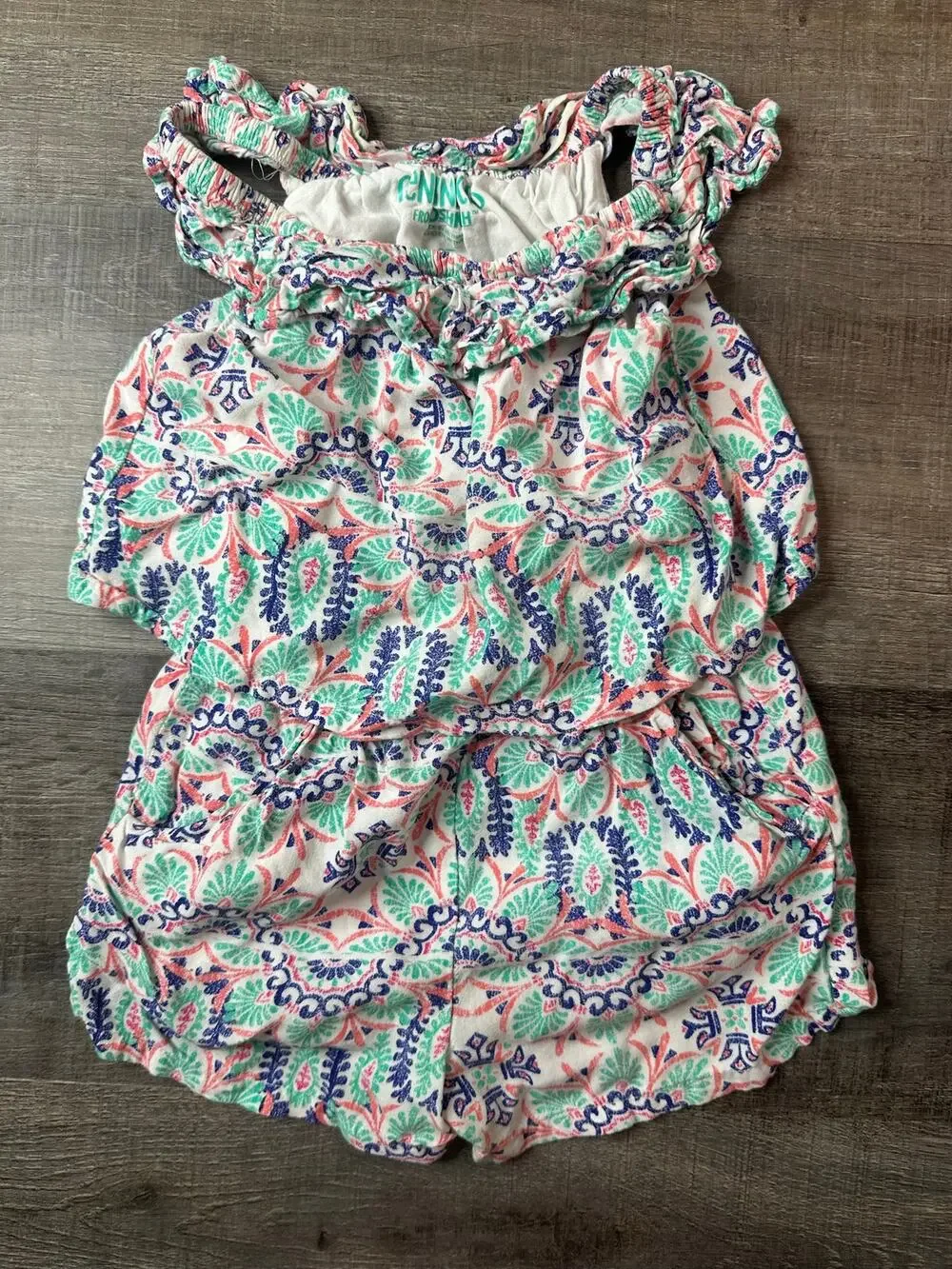 Genuine Kids Romper with Fringe Neckline White Blue, Coral Aqua Design Girls 2T
